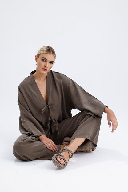 Kadın Modal Kimono Takım – Haki Renk Dökümlü İkili Set