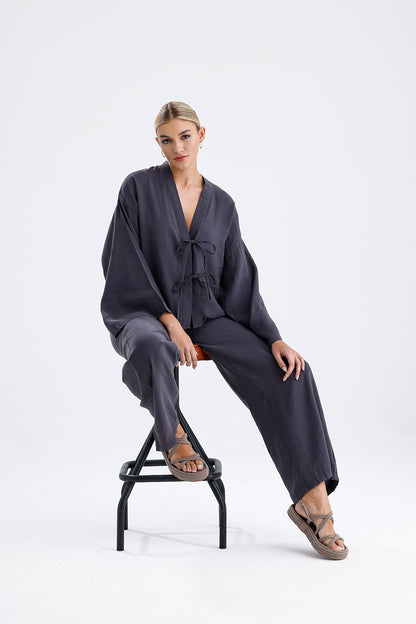 Kadın Modal Kimono Takım – Antrasit Renk Dökümlü İkili Set