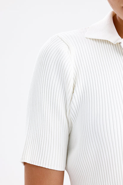 Kadın Triko Tişört – Ekru Fermuarlı Modern Günlük Üst