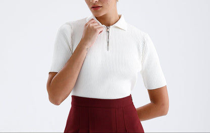 Kadın Triko Tişört – Ekru Fermuarlı Modern Günlük Üst