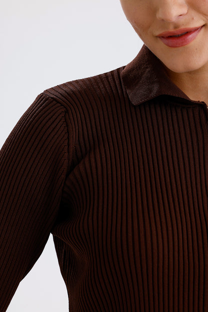 Kadın Triko Tişört – Kahverengi Fermuarlı Rahat Günlük Üst