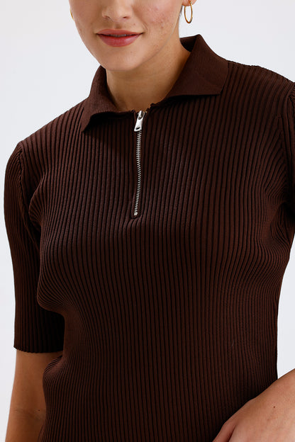 Kadın Triko Tişört – Kahverengi Fermuarlı Rahat Günlük Üst