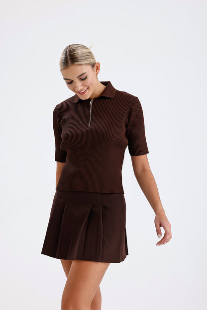 Kadın Triko Tişört – Kahverengi Fermuarlı Rahat Günlük Üst