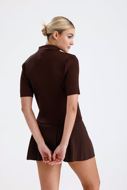 Kadın Triko Tişört – Kahverengi Fermuarlı Rahat Günlük Üst