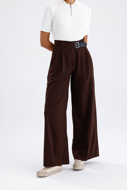 Kadın Kumaş Pantolon – Kahverengi Kemer Detaylı Modern Kesim