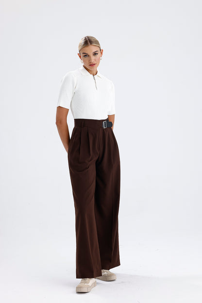 Kadın Kumaş Pantolon – Kahverengi Kemer Detaylı Modern Kesim